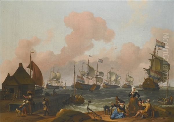 A Coastal Landscape With Many Figures On The Shore By A Quay, With Several Two-deckers In A Stiff Breeze Beyond Oil Painting by Ludolf Backhuysen the Elder