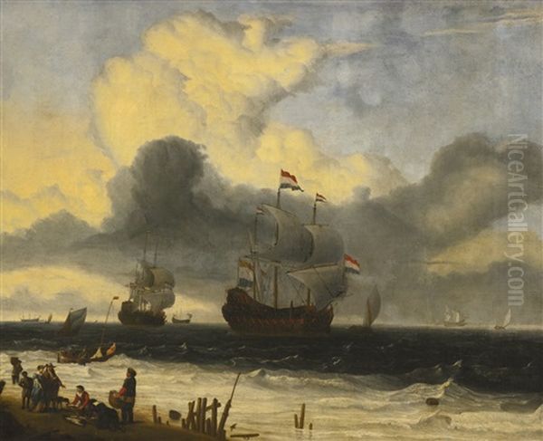 Ships Off The Coast, A Storm Approaching Oil Painting by Ludolf Backhuysen the Elder