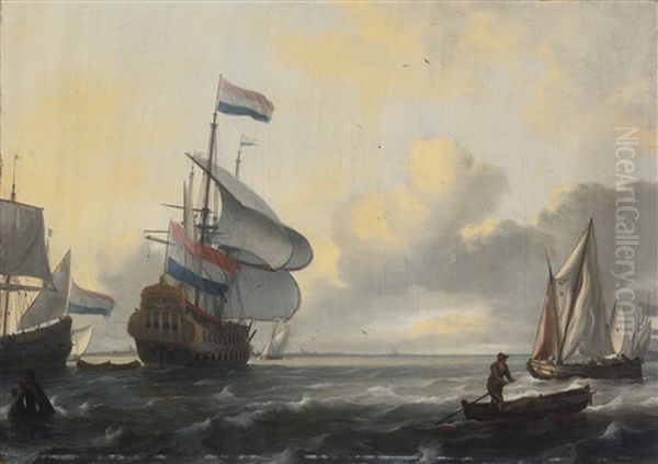 A Two-decker, A Fluyt, A Kaag And A Weyschuit In A Stiff Breeze Oil Painting by Ludolf Backhuysen the Elder