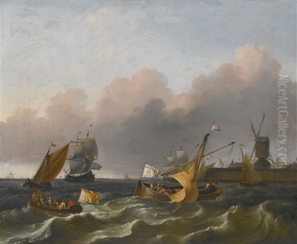 Dutch Coastal Vessels And A Merchantman Off A Harbour Mouth Oil Painting by Ludolf Backhuysen the Elder