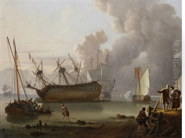 A Man O'war Being Caulked Offshore In A Calm, A Yacht Firing A Salute Nearby And A Man O'war Under Sail Beyond, Fishermen Unloading Their Catch And Peasants On A Jetty In The Foreground Oil Painting by Ludolf Backhuysen the Elder