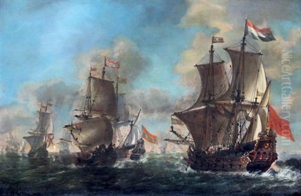 Ecole De Combat Naval Oil Painting by Ludolf Backhuysen the Elder