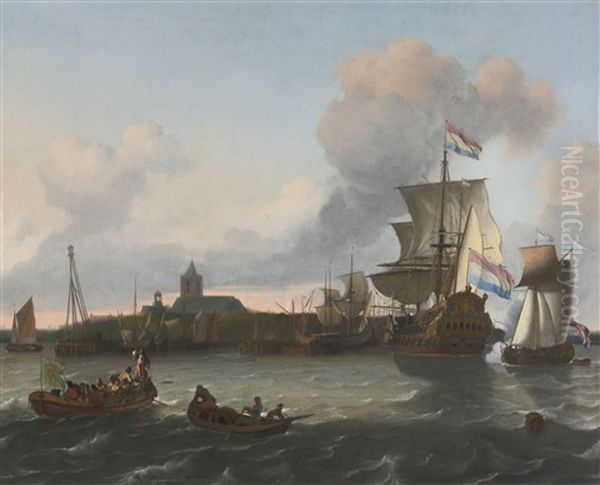 View From The Nieuwe Maas River Towards The City Of Vlaardingen Oil Painting by Ludolf Backhuysen the Elder