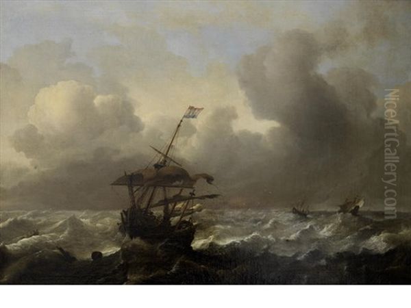 A Dutch Man-o-war And Other Shipping In A Storm Oil Painting by Ludolf Backhuysen the Elder