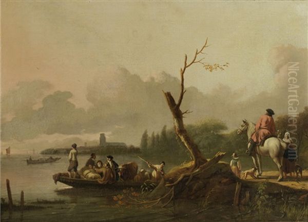 A River Landscape, Most Probably The Merwede, With Figures Departing On A Ferry, A Horseman And Maid On The Bank, The Tower Of The Grote Kerk, Dordrecht, In The Distance Oil Painting by Ludolf Backhuysen the Elder