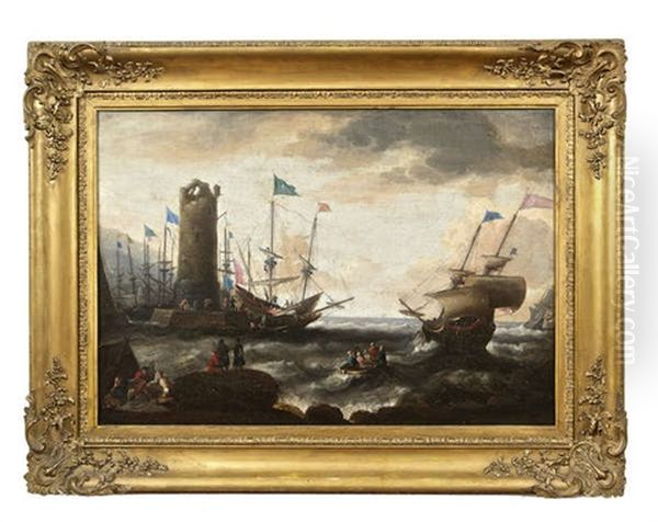 A Barbary Pirate Fleet At A Harbour With A Ruined Tower, In Fresh Weather, Eastern Merchants In The Foreground Oil Painting by Ludolf Backhuysen the Elder