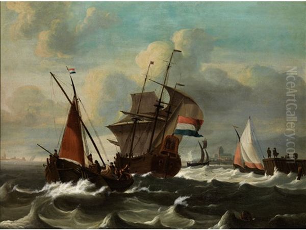 Marinestuck Mit Hollandisch Beflaggtem Dreimaster Oil Painting by Ludolf Backhuysen the Elder