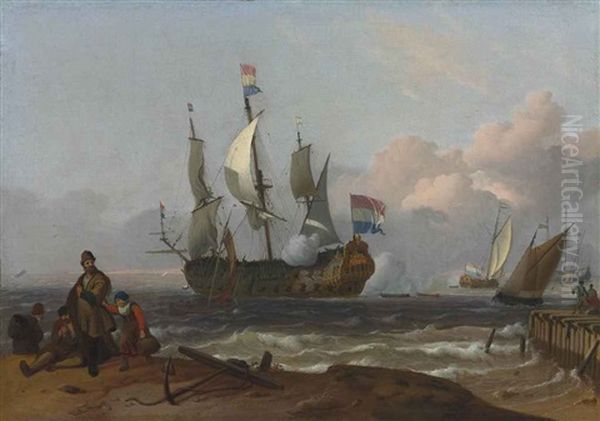 A Dutch Man-of-war Firing A Salute And Other Shipping Off An Island, Possibly Texel, With Fishermen On The Shore In The Foreground And Others On A Pier Oil Painting by Ludolf Backhuysen the Elder