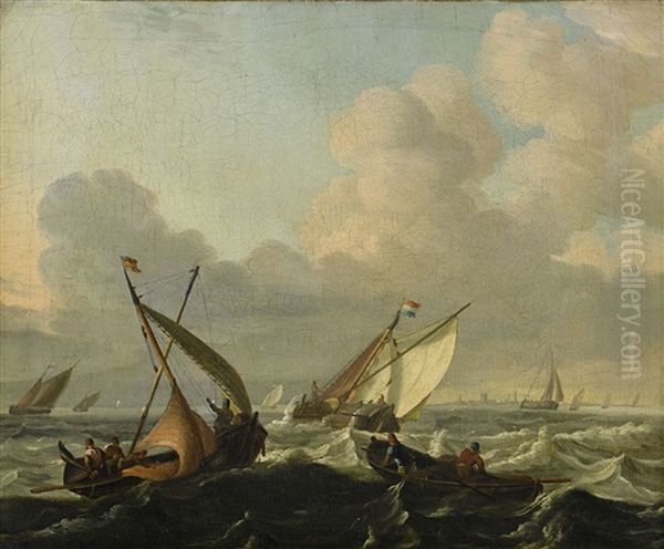 Marin Med Segelfartyg Och Roddbat Vid Kust Oil Painting by Ludolf Backhuysen the Elder