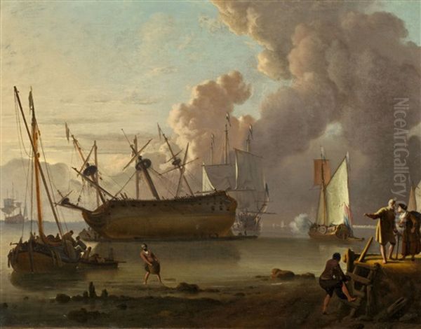 Kustenlandschaft Mit Segelschiffen Und Staffage Oil Painting by Ludolf Backhuysen the Elder