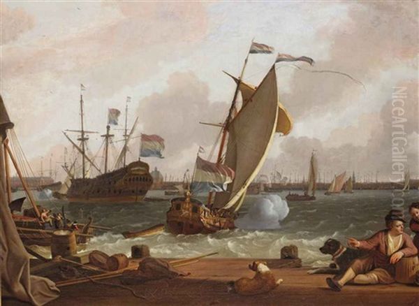 A View Of The Ij With The East Indiaman Kattendyck, A States Yacht And Various Other Ships, The Harbour Of Amsterdam Beyond Oil Painting by Ludolf Backhuysen the Elder