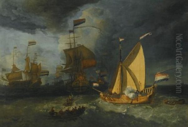 The Dutch Fleet At Sea, With A States Yacht Firing A Salute Oil Painting by Ludolf Backhuysen the Elder