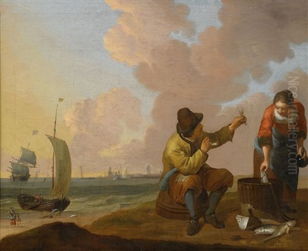 Kustlandskap Med Fiskare Oil Painting by Ludolf Backhuysen the Elder