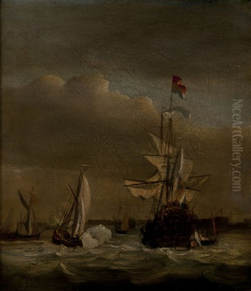 A Dutch Man-o'-war & Other Vessels In An Estuary - Bateaux Battant Pavillon Hollandais Dans Un Estuaire Oil Painting by Ludolf Backhuysen the Elder