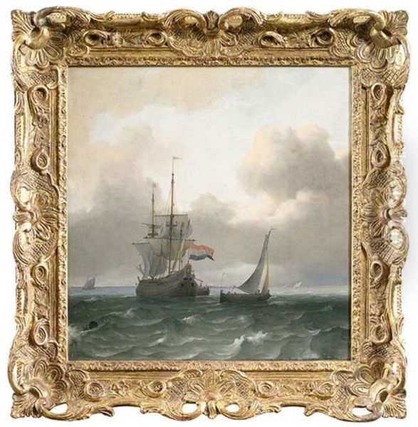 Niederlandische Handelsschiffe In Bewegter See Unter Bewolktem Himmel, Im Hintergrund Kustenstreifen Mit Stadtsilhouette Oil Painting by Ludolf Backhuysen the Elder