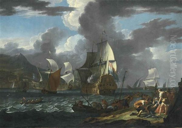 A Capriccio: The Flagship Saluting Her Arrival At A Mediterranean Port Amidst Other Shipping Oil Painting by Ludolf Backhuysen the Elder