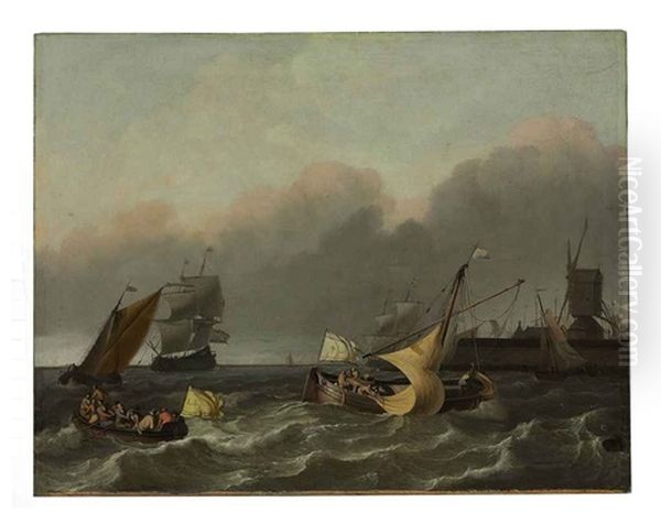 Ships On The Ij River, Off The Leeuwenberg Jetty And The Windmill De Bok Oil Painting by Ludolf Backhuysen the Elder