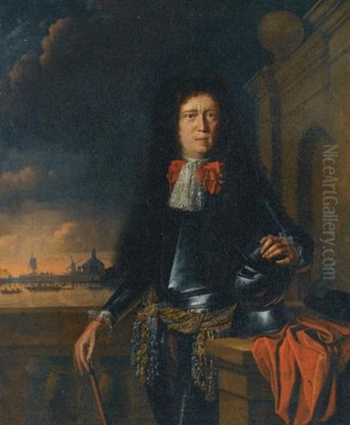 A Portrait Of Jan Van Broeckhuizen With Ships In The Background Oil Painting by Ludolf Backhuysen the Elder