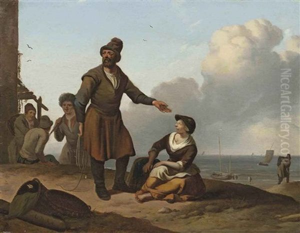 Coastal Landscape With Figures Unloading Boats Oil Painting by Ludolf Backhuysen the Elder