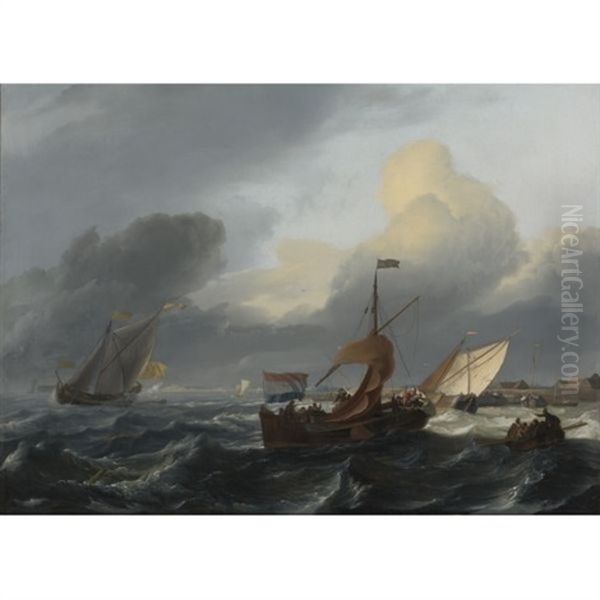 Small Dutch Vessels In Breezy Coastal Waters, A Harbor Beyond Oil Painting by Ludolf Backhuysen the Elder