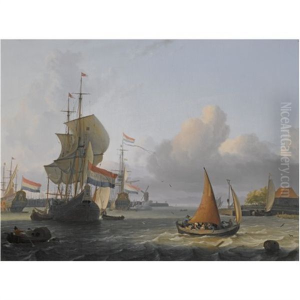 Shipping On The Ij At Volewijk Near Amsterdam Oil Painting by Ludolf Backhuysen the Elder