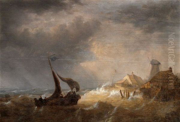 Einlaufendes Fischerboot Im Sturm An Der Hollandischen Kuste Oil Painting by Ludolf Backhuysen the Elder