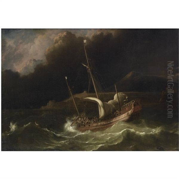 A Flute In A Tempestuous Sea, Near A Strip Of Land Oil Painting by Ludolf Backhuysen the Elder