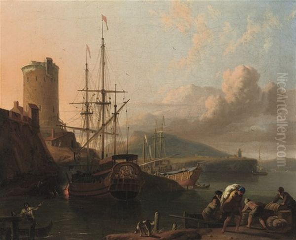 A Mediterranean Coastal Scene At Sunset With A Royal Yacht Being Caulked, A Tower By A Fort Nearby Oil Painting by Ludolf Backhuysen the Elder