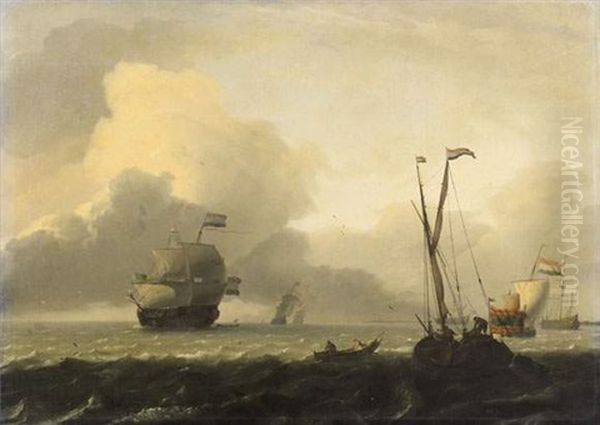 Navire Hollandais Et Bateaux De Pecheur Pres De La Cote Oil Painting by Ludolf Backhuysen the Elder