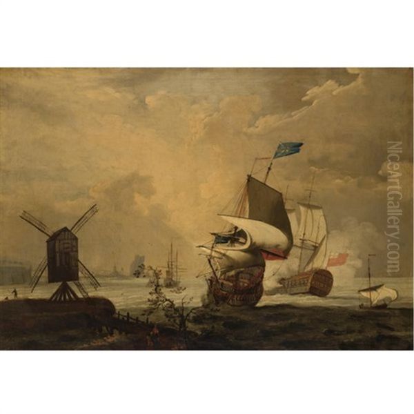 An English Man-of-war Firing A Salute Off The Coast Oil Painting by Ludolf Backhuysen the Elder