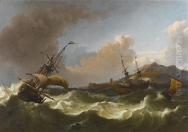 Dutch Shipping In Choppy Seas Off A Rocky Coastline Oil Painting by Ludolf Backhuysen the Elder