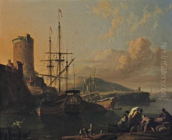 A Mediterranean Coastal Scene At Sunset With A Royal Yacht Being Caulked, Sailors Unloading Cargo Oil Painting by Ludolf Backhuysen the Elder