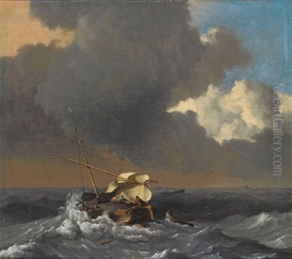 A Fishing Boat In A Rough Sea by Ludolf Backhuysen the Elder