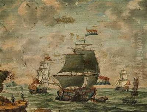 Sejlskibe Pa Et Oprort Hav Set Fra En Klippekyst Oil Painting by Ludolf Backhuysen the Elder