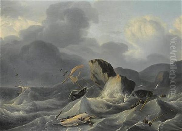 Shipping Foundering In Stormy Seas Off A Rocky Coastline Oil Painting by Ludolf Backhuysen the Elder