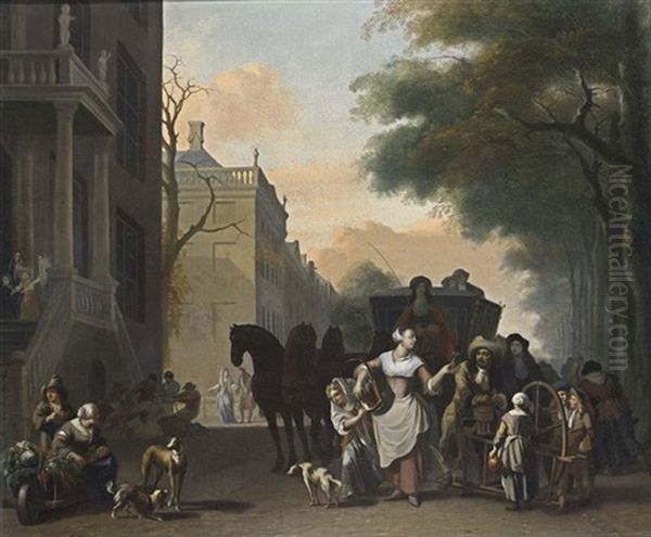 A View In Amsterdam With A Maid Flirting With A Knife Grinder On A Canal Oil Painting by Ludolf Backhuysen the Elder