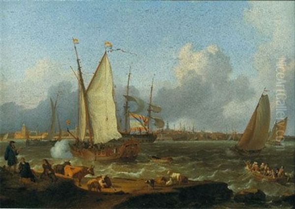 Navires Hollandais Devant Une Ville Portuaire Oil Painting by Ludolf Backhuysen the Elder