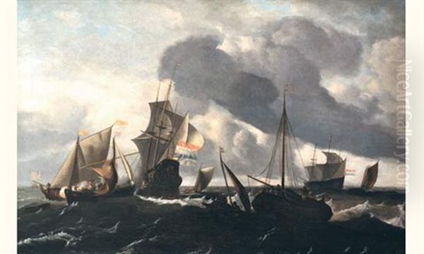 Bateau De Guerre Hollandais Et Autres Bateaux Sur Une Mer Agitee (collab. W/workshop) by Ludolf Backhuysen the Elder