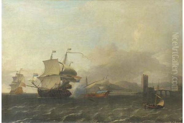 A Naval Engagement Off The Coast Of A Harbour Town Oil Painting by Ludolf Backhuysen the Elder