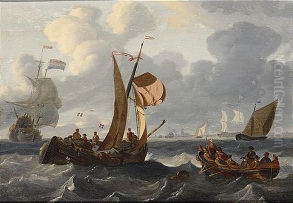 A Wijdschip In A Breeze Together With A Rowing Boat With Figures In The Foreground, A View Of A Town And Other Shipping Beyond Oil Painting by Ludolf Backhuysen the Elder