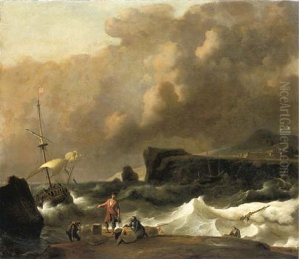 A Shipwreck With Figures Coming Ashore, A Monastery Beyond Oil Painting by Ludolf Backhuysen the Elder