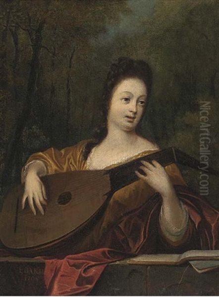 Portait Of A Lady, Half-length, Playing The Lute Oil Painting by Ludolf Backhuysen the Elder