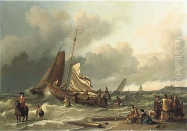 Dutch Fishing Boat In A Squall With An Elegant Man On Horseback In The Shallow Tide, Other Fishing Vessels Beyond Oil Painting by Ludolf Backhuysen the Elder