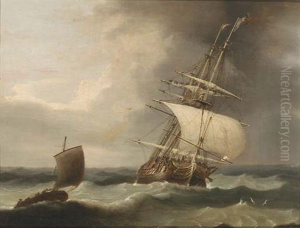 A Ship And Fishing Boat In Rough Seas Oil Painting by Ludolf Backhuysen the Elder