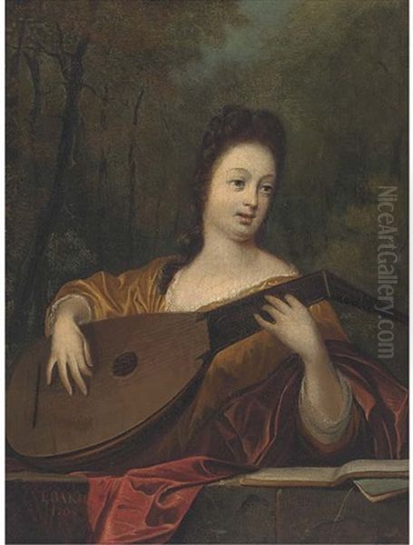 Portait Of A Lady, Half-length, Playing The Lute Oil Painting by Ludolf Backhuysen the Elder