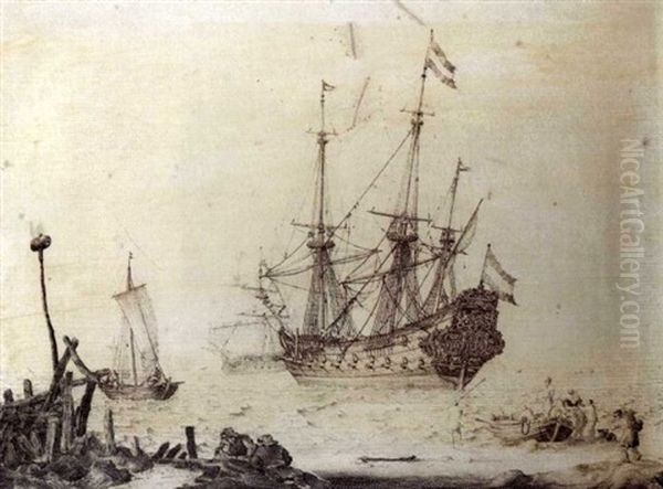 A Danzig Galleon Offshore Making Ready To Sail With Figures On The Beach Loading A Longboat As Other Vessels Come Into The Anchorage, A Penschilderij Oil Painting by Ludolf Backhuysen the Elder