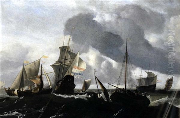 Ein Hollandisches Kriegsschiff Und Andere Schiffe Auf Bewegter See Oil Painting by Ludolf Backhuysen the Elder