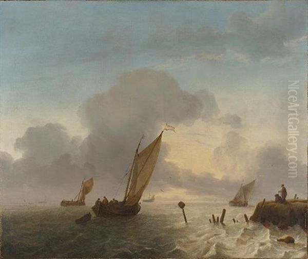 Dutch Pinks At Sunset Off A Promontary With A Couple Looking Out To Sea Oil Painting by Ludolf Backhuysen the Elder