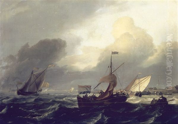 Small Dutch Vessels In Breezy Coastal Waters, A Harbour Beyond Oil Painting by Ludolf Backhuysen the Elder