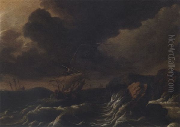 Dutch Three-masters Off A Rocky Coast In A Gale Oil Painting by Ludolf Backhuysen the Elder